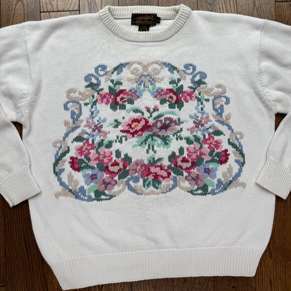Vintage Eddie Bauer Women's Floral Grandmacore Chunky Heavy Cotton Sweater Large - Picture 2 of 11